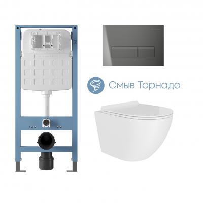 Фото Aqueduto комплект: TECNICA Novo Система инсталляции для подвесного унитаза, RETANGULO Novo Панель смыва, оружейная сталь, OVO Tornado Daily Унитаз подвесной 490*360 безободковый, Tornado, сиденье с микролифтом, белый глянцевый