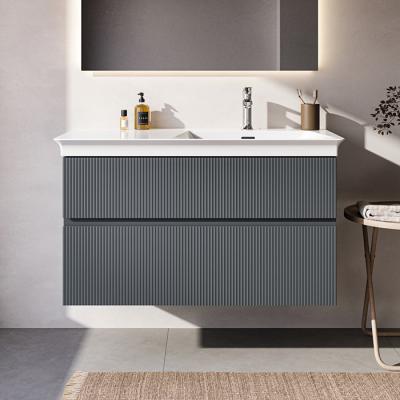 Фото IS Finesse Тумба подвесная 100х50 см. R, 2 ящ. softclose, ручка-паз, без сифона EE23033967,для раковин E2647, E2704, E2679 Ribbed Matt ashblue Lacquer