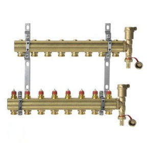 Фото Комплект коллекторов Danfoss FHF-8 set из латуни с кронштейнами и воздухоотводчиками, 8 контуров (088U0708)