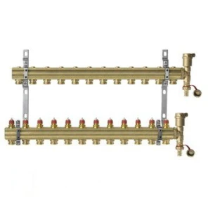 Фото Комплект коллекторов Danfoss FHF-12 set из латуни с кронштейнами и воздухоотводчиками, 12 контуров (088U0712)