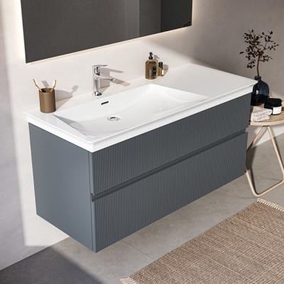 Фото IS Finesse Тумба подвесная 120х50 см L, 2 ящика softclose,ручка-паз,без сифона EE23033967. Для раковин E2632,E2706,E2697 Ribbed Matt ashblue Lacquered