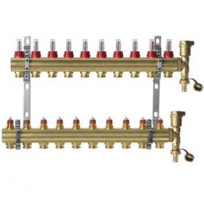 Фото Комплект коллекторов Danfoss FHF-10F set из латуни, 10 контуров (088U0730)