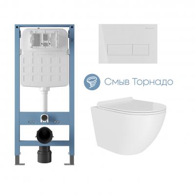 Фото Aqueduto комплект: TECNICA Novo Система инсталляции для подвесного унитаза, RETANGULO Novo Панель смыва, белый глянцевый, OVO Tornado Daily Унитаз подвесной 490*360 безободковый, Tornado, сиденье с микролифтом, белый глянцевый