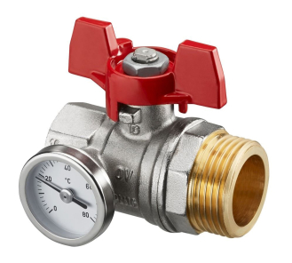 Фото Шаровой кран с плоским уплотнением Ду20, G3/4"BP x G1"HP, с термометром (0–80 °C), с красным маховиком Oventrop 1406483 (1406483 )