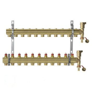 Фото Комплект коллекторов Danfoss FHF-11 set из латуни с кронштейнами и воздухоотводчиками, 11 контуров (088U0711)
