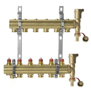 Фото Комплект коллекторов Danfoss FHF-6 set из латуни с кронштейнами и воздухоотводчиками, 6 контуров (088U0706)