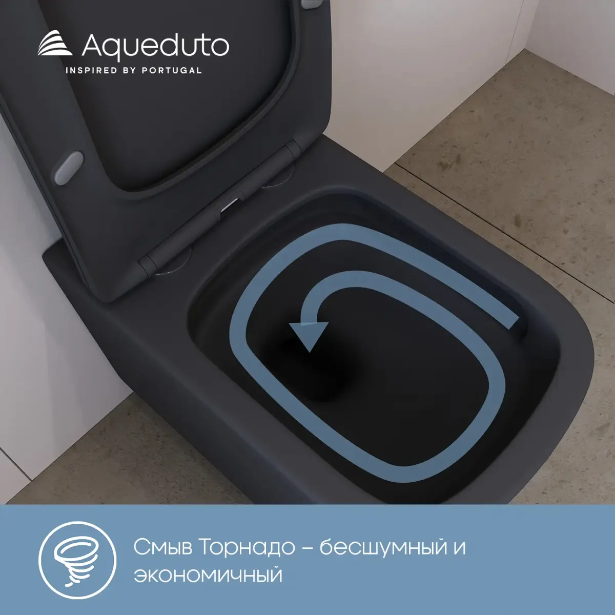 Фото Aqueduto MACIO Plus Унитаз подвесной 525*345 безободковый, Tornado, сиденье с микролифтом, черный матовый