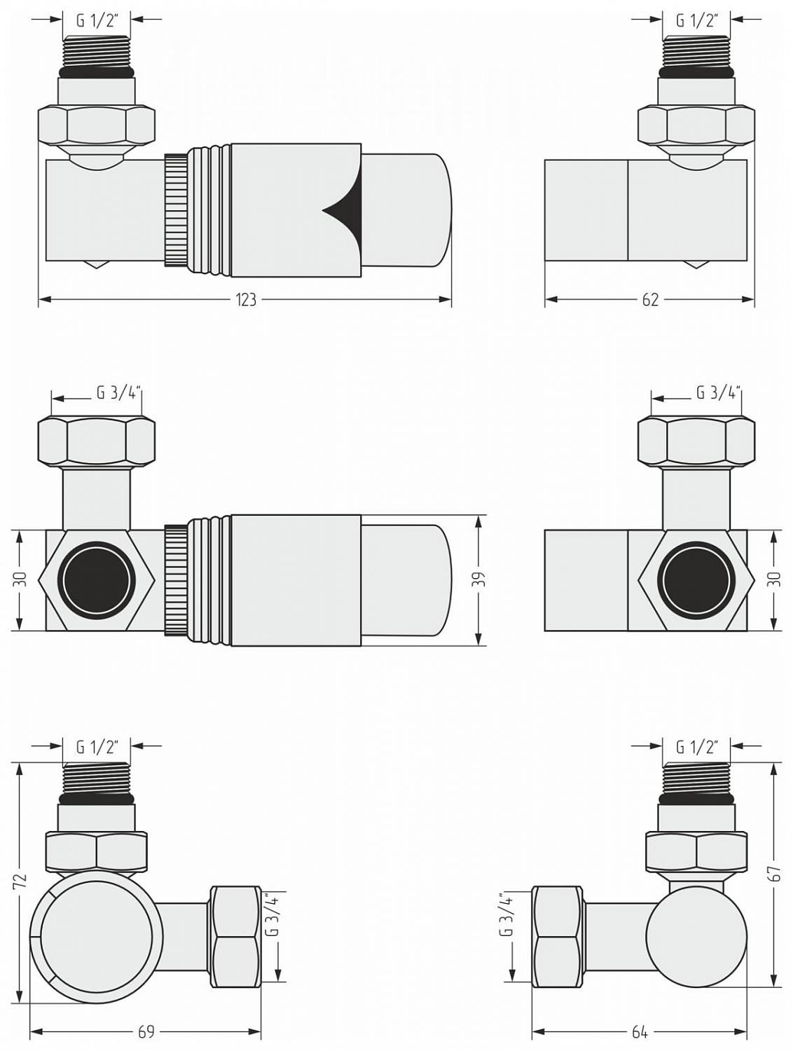 Фото Терморегулятор автоматический 3D левый G 1/2" НР х G 3/4" НГ / набор (Шампань)