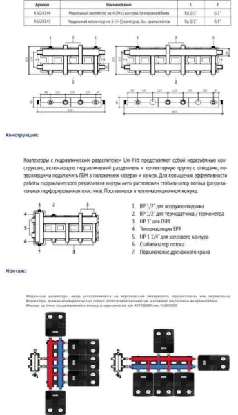 Фото Коллектор Uni-Fitt 436Z4144 модульный, на 4 (3+1) контура, без кронштейнов