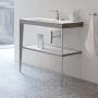 Фото Duravit XViu Консоль напольная, 850x800x480мм с полкой, с раковиной без перелива, 2 отв., цвет: champagne matt/white  high gloss lacquer