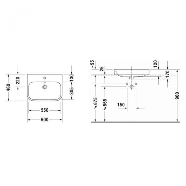 Фото DURAVIT Happy D.2  Раковина шлифованная 65х46 см, с 1 отв под смеситель,со переливом, с креплением, цвет белый