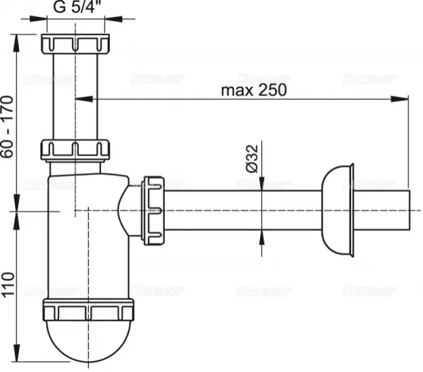 Фото Сифон для умывальника AlcaPlast DN32 A430 c накидной гайкой 5/4″