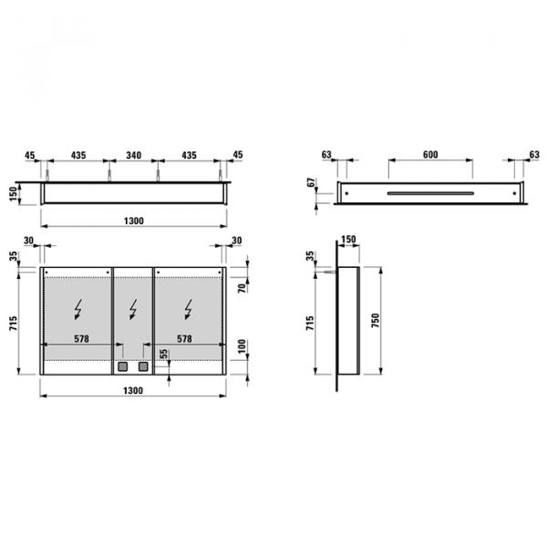 Фото Laufen Frame Зеркальный шкаф 130x75см., LED-подсветка, алюминий, 3 двери, 2 розетки, с дефектом плафона