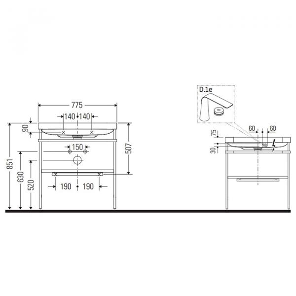 Фото Duravit Happy D.2 Plus Консоль напольная с умывальником 775х490х850 мм, с 1 отв под смесит, 1 полка, выпуск, цвет белый глянцевый