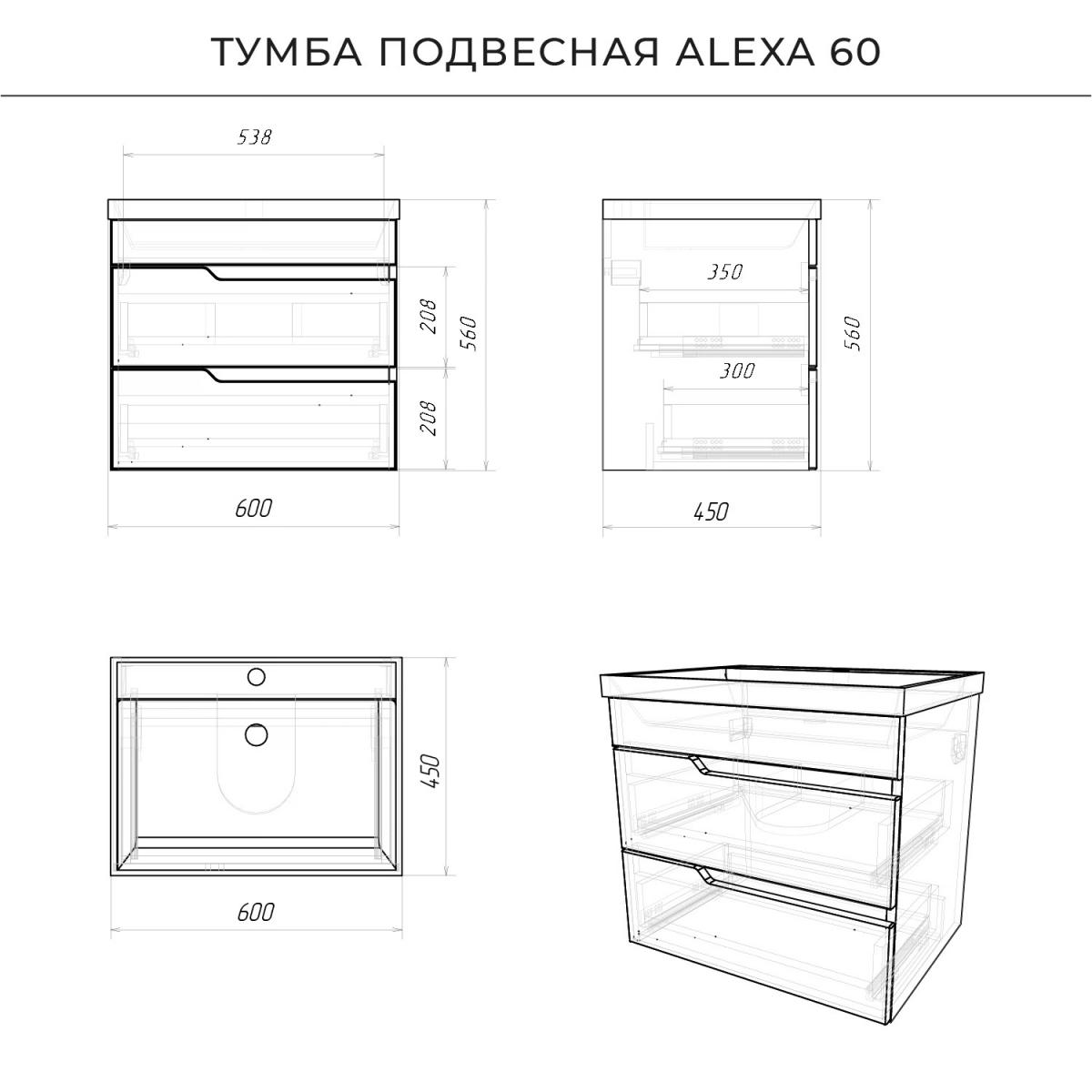 Фото Комплект тумба Итана Alexa 60 (600х450х560) подвесная, с раковиной Clarissa 60, графит (CS00093214)