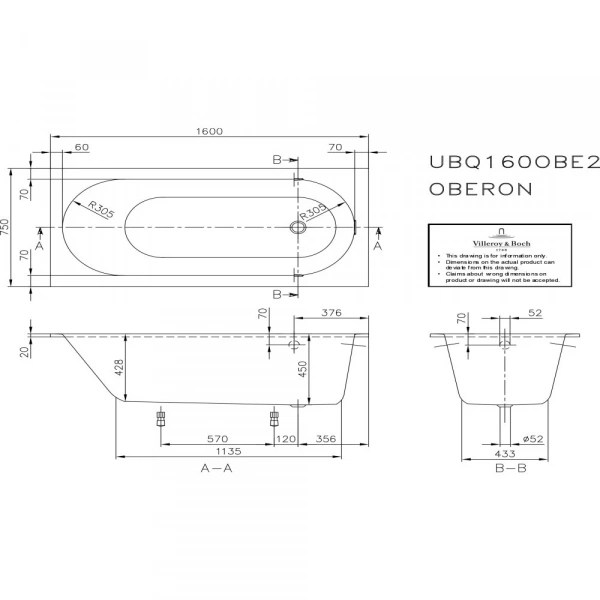 Фото Квариловая ванна Villeroy & Boch Oberon 160x75 UBQ160OBE2V-01
