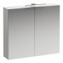 Фото Laufen Base Шкафчик зеркальный 80x18.5x70cм, 2 дверцы, с горизонтальным элементом LED-подсветки, 2 стеклянные полки, 1 розетка, цвет: белый