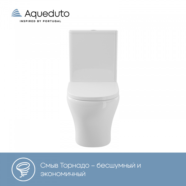Фото Aqueduto комплект: OVO Light Унитаз напольный 610*360 безободковый с бачком, Tornado, сиденье с микролифтом, белый глянцевый