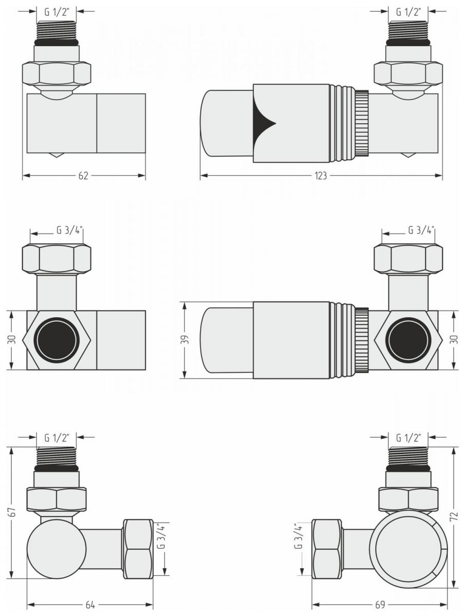 Фото Терморегулятор автоматический 3D правый G 1/2" НР х G 3/4" НГ / набор (Золотой шёлк)