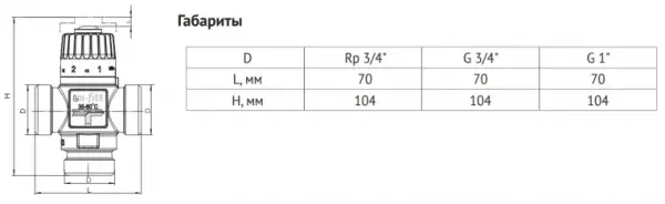 Фото Клапан В термосмесительный Uni-Fitt 3/4" 20-43°С, Kvs 1,6 смешение боковое (350G0130)